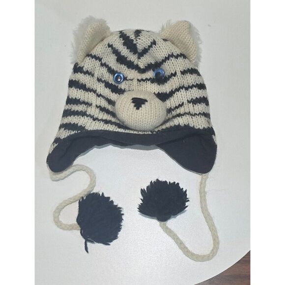 Delux Knit Wool Zebra Earflap Hat With Pom-Poms & Furry Ears For Kids - Picture 1 of 7